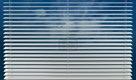 Téléchargez les photos : 3D Illustration of White Corded Roller Blinds Hung on the Window with Blue Sky in the Background. - en image libre de droit