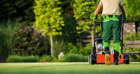Foto de Back View of Professional Gardener Mowing the Backyard Lawn with Push Mower. Garden Care and Maintenance Theme. - Imagen libre de derechos