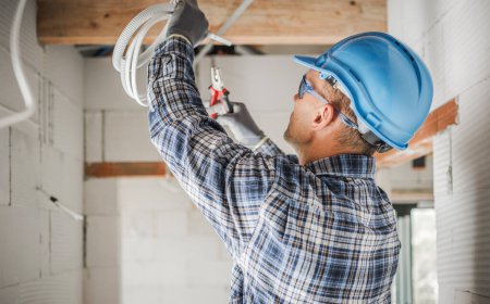 Foto de Closeup of Professional Caucasian Electrician Installing Electrical Wiring in Ceiling. Construction Industry Theme. - Imagen libre de derechos