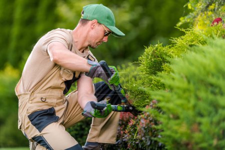 Photo for Closeup of Professional Caucasian Gardener in His 40s Trimming Green Shrubs with Garden Scissors Gardening Tool. - Royalty Free Image