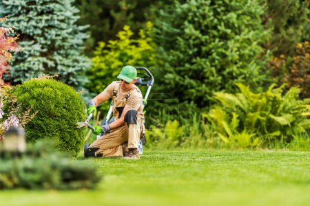 Jardinero profesional que forma el arbusto verde con las tijeras del jardín durante el trabajo de mantenimiento del paisaje. Fondo borroso con espacio de copia.