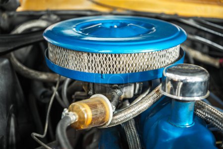 Photo for Classic Car Combustion Engine Elements. Air and Petrol Filters. - Royalty Free Image