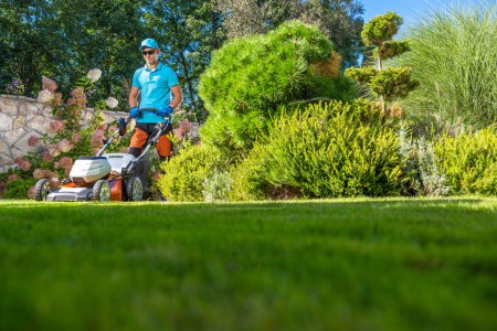 Photo for Summer Time Backyard Garden Grass Mowing by Caucasian Home Owner. Gardening Theme. - Royalty Free Image