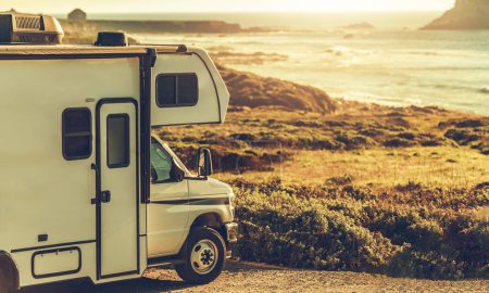 Class C Motorhome Camper Van in Front of Cambria California Pacific Ocean