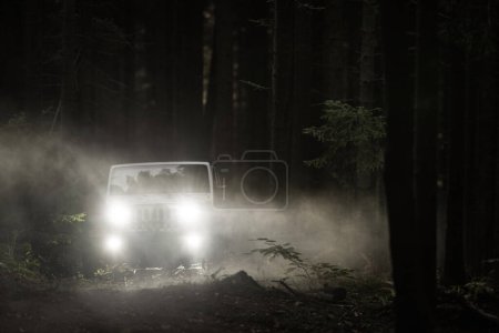 Foggy Forest Sport Utility Vehicle Drive. Off Road Automotive Theme.
