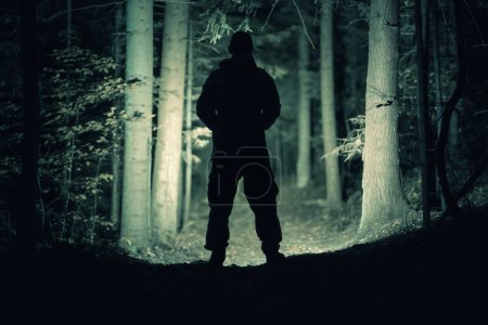 Photo for Missing Person Forest Search Using Powerful Flashlight. - Royalty Free Image