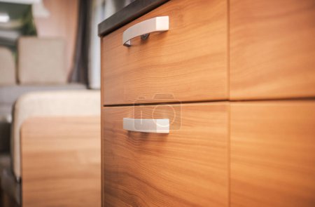 Photo for Modern Recreational Vehicle Kitchen Cabinets Drawers Close Up - Royalty Free Image