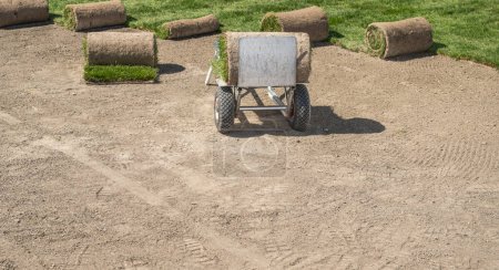 Téléchargez les photos : Fresh Rolled grass turfs being transported on a cart within backyard garden - en image libre de droit