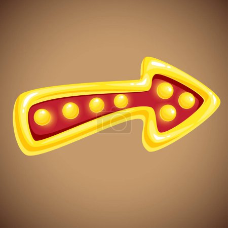 Illustration for Yellow glowing arrow, web icon for game design, cartoon vector. Simple ui item, shiny golden pointer gui element. Object for app and web interface. Arrow pointing button - Royalty Free Image