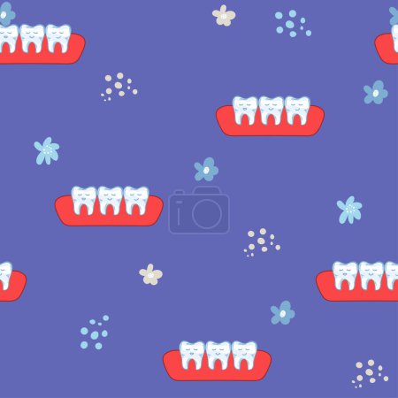 Illustration for Kawaii smiling happy teeth with crown characters. First tooth fairy concept. Adorable vector illustration. Light blue background for tablecloth, fabric, wrapping paper, boy party. Seamless pattern. - Royalty Free Image