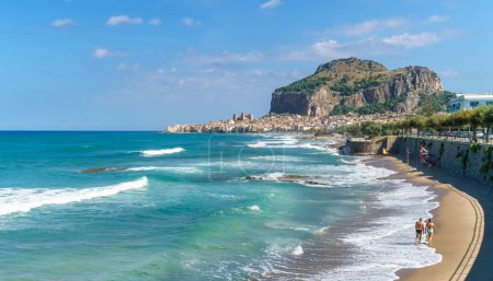 Photo for Landscape with beach and medieval Cefalu town, Sicily island, Italy - Royalty Free Image
