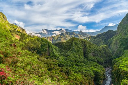 Paysage avec parc national et forêt tropicale humide de l'île de la Réunion, département français dans l'océan Indien