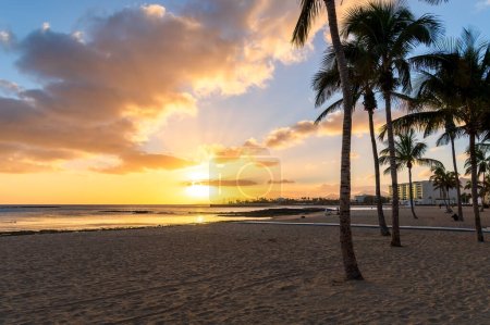 Téléchargez les photos : Plongez dans la beauté tranquille de Playa del Reducto, Arrecife - une oasis de sable doré avec une mer calme, parfaite pour s'amuser en famille et se promener au coucher du soleil à Lanzarote. - en image libre de droit