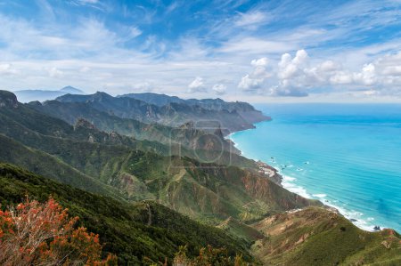 Vista desde Cabezo del Tejo en Tenerife, con vistas panorámicas a la montaña, exuberante vegetación y aguas costeras turquesas. Perfecto para los amantes de la naturaleza y fotógrafos.
