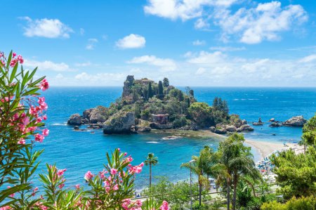 Landscape with beauty of Isola Bella in Taormina, Sicily, with crystal clear waters