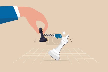 Illustration for Game changer to win business competition, secret weapon or winning strategy to defeat rival and competitors, innovation to help victory concept, chess pawn defeat king with game changer strategy. - Royalty Free Image