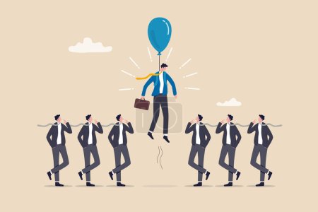 Illustration for Differentiate from competitors, stand out or much better from others, difference, unique or outstanding concept, initiative businessman flying with balloon stand out from other same competitors. - Royalty Free Image
