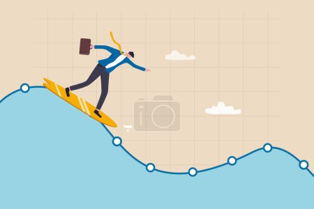 Illustration for Survive in stock market volatility, professional to smooth ride in market downturn, recession, investment fluctuation or market up and down, confidence businessman surfing on stock market wave chart. - Royalty Free Image