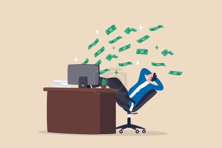 Illustration for Make money online, earn passive income from internet job or side hustle, make profit or earning from investment or stock trading, easy money concept, rich businessman relax making money from computer. - Royalty Free Image