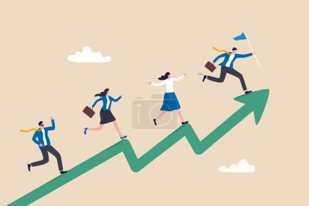 Illustration for Performance management, employee rating appraisal or review, career growth or plan for improvement, career development concept, businessman and woman employees running up performance graph and chart. - Royalty Free Image