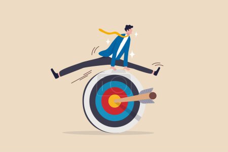 Achieve target, reaching goal or obtain business objective and purpose, accomplishment, success mission or victory concept, success skillful businessman jumping over arrow hit bullseye target.