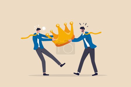 Illustration for Staff conflict or employee argument, fighting for job promotion or jealousy colleague concept, angry coworker fighting by pulling golden crown metaphor of job promotion position. - Royalty Free Image