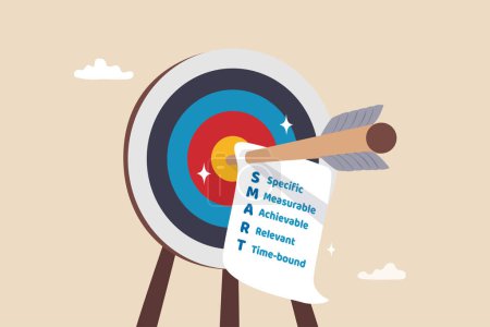 Illustration for Setting SMART goal, acronym with specific, measurable, achievable, relevant and time, planning for realistic target concept, arrow bow hit bullseye with note paper written business SMART goal. - Royalty Free Image