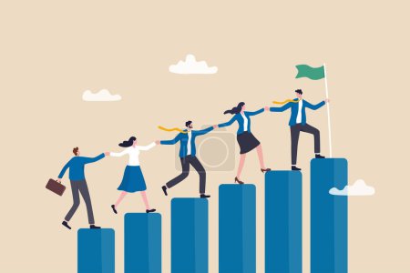 Illustration for Teamwork to success together, employee career path or partnership support to help business growing, team collaboration or mentor and training concept, business people help team climbing growth chart. - Royalty Free Image
