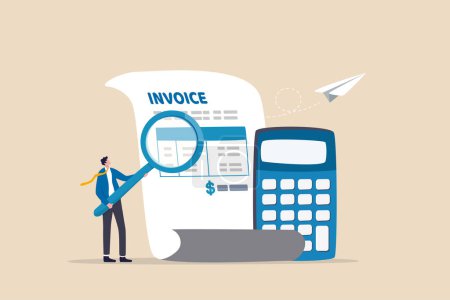 Illustration for Invoice, bill or total amount to pay for service, charge for price calculation or finance payment system, accounting, quotation and receipt concept, businessman holding magnifier on invoice document. - Royalty Free Image