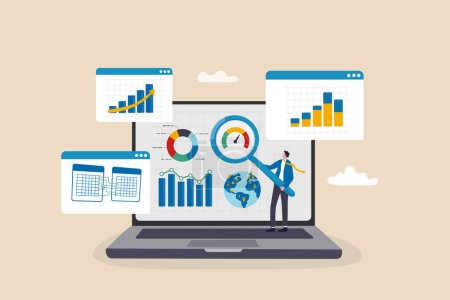 Illustration for Market research data analysis, analyze business data or financial report, SEO analytics or profit and earning concept, businessman analyst with magnifying glass analyze data on computer laptop. - Royalty Free Image
