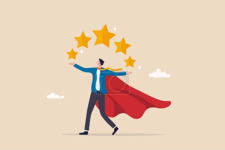 Illustration for 5 stars expert, excellence or great service, quality and good reputation professional, award winning or best rating concept, businessman superhero carrying big golden customer 5 stars rating feedback. - Royalty Free Image