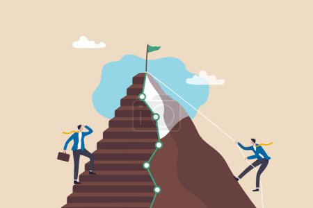 Illustration for Easy and hard way to success, journey to achieve target or mission accomplish, choosing path to succeed, way to reach business goal concept, businessmen compete easy and hard way to climb mountain. - Royalty Free Image