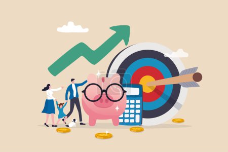 Illustration for Family financial planning, saving or investment plan, money and wealth management, budget, debt and mortgage, pension fund concept, family people with piggy bank, calculator and financial target. - Royalty Free Image