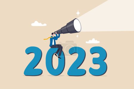 Ausblick auf das Jahr 2023, Geschäftschance oder neue Herausforderung vor uns, Vision, um Entscheidungen zu treffen oder voranzukommen, Plan und Perspektivkonzept, Vertrauen Geschäftsmann Blick durch Teleskop auf das Jahr 2023.