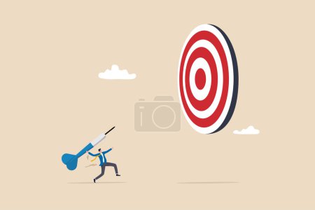 Auf der Suche nach dem großen Ziel, Herausforderung, um das Ziel zu erreichen, Erfolg oder Genauigkeit, Ehrgeiz oder Entschlossenheit, Business-Ziel-Konzept zu erreichen, Geschäftsmann werfen riesige Dart, mit dem Ziel, Dartscheibe Bullseye getroffen.
