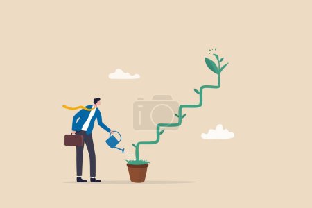 Illustration for Growth step or career path, job improvement stair or growing investment or stair to success, mentorship concept, businessman watering seedling plant growing up as stair to climb to reach success. - Royalty Free Image