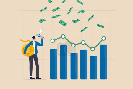 Illustration for Financial market, investment earning or money management analysis, economic growth, stock exchange market report concept, businessman investor holding money coin analyze financial graph and chart. - Royalty Free Image