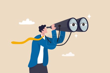 Illustration for Observation, search for opportunity, curiosity or surveillance, inspect or discover new business, job search or hr finding candidate concept, curious businessman look through binoculars with big eyes. - Royalty Free Image
