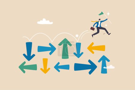 Illustration for Overcome uncertainty, make decision or determination to achieve success, adversity or courage to solve problem or difficulty concept, businessman jumping on uncertainty random direction arrows. - Royalty Free Image
