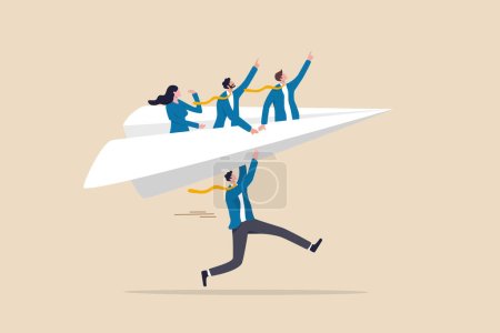 Illustration for Mentor or support employee to success, manager to help or advice staff to reach goal, work coaching or adviser expert concept, businessman manager launching paper plane origami with team colleagues. - Royalty Free Image
