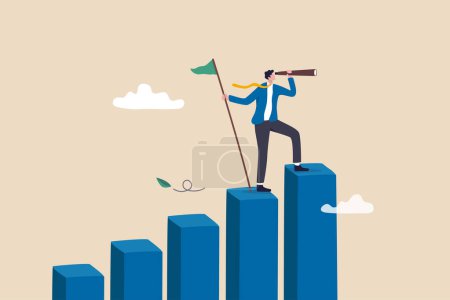 Illustration for Vision to see next goal, motivation to success, forecast and business prediction, challenge to be better and achieve success concept, confidence businessman step on rise up graph look for next goal. - Royalty Free Image