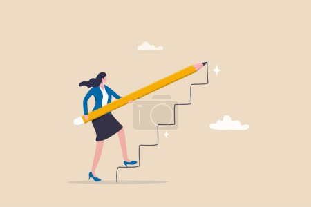 Illustration for Create stair to success, growth or growing career path, planning for self improvement or leadership motivation, self made success concept, confidence businesswoman draw stair to climb up for success. - Royalty Free Image