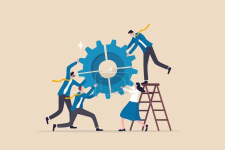 Illustration for Business integration, partnership to get solution, connection or teamwork, work efficiency, optimization or organization concept, business people team colleagues connecting cogwheel gear together. - Royalty Free Image