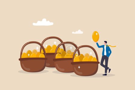 Illustration for Diversification, investment portfolio strategy to reduce risk and maximize return, earning and profit, asset allocation concept, businessman holding golden eggs diversify by putting in many baskets. - Royalty Free Image