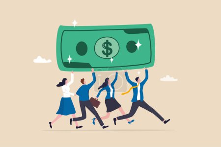 Illustration for People carry money dollar banknote metaphor of capital, salary or income, wages to pay and purchase value, banking and investment, tax, economic and inflation concept. - Royalty Free Image