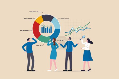 Illustration for Data analytics, statistic to analyze, business graph dashboard, marketing research, diagram for optimization, big data and information concept, business people marketing team analyze graph and chart. - Royalty Free Image