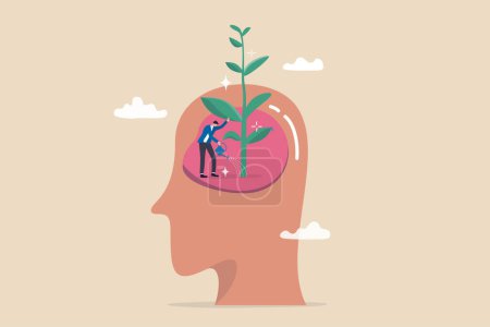 Illustration for Growth mindset, personal development or improvement, training to believe to success, motivation or coaching, growing attitude concept, man watering on plantation seedling growing from head brain. - Royalty Free Image