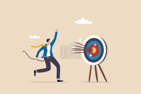 Illustration for Success reaching goal or target, victory or winner, accuracy and achievement to hit target bullseye, efficiency or perfection concept, businessman archery shoot all his bows hitting bullseye target. - Royalty Free Image