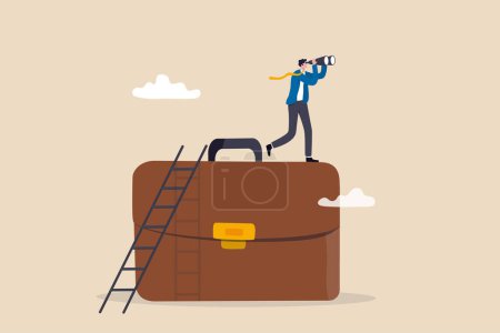 Illustration for Career future, hope for work success or search for career path, ambition to find work opportunity, job promotion or business strategy concept, businessman climb up on briefcase see through binoculars. - Royalty Free Image
