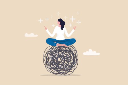 Ilustración de Stress management, meditation or relaxation to reduce anxiety, control emotion during problem solving or frustration work concept, woman in lotus meditation on chaos mess line with positive energy. - Imagen libre de derechos